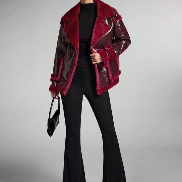 Burgundy Casual Women's Faux fur detailed  Long Sleeve Faux Leather Jacket Coat - Picture 2 of 7